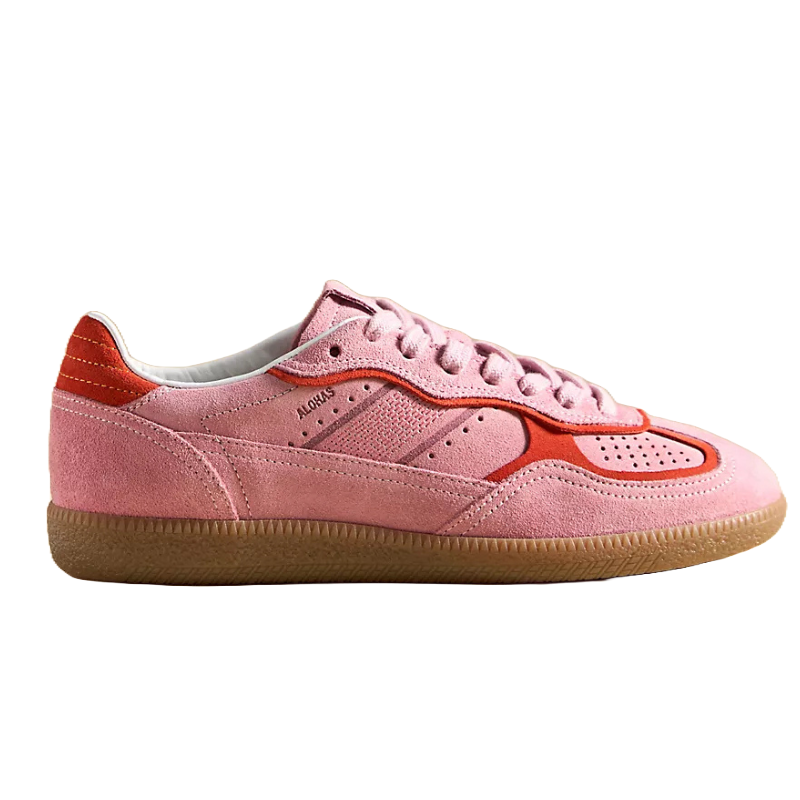 Pink and orange suede sneaker with perforated detailing, gum sole, and brand name \“ALOHAS\“ on the side.