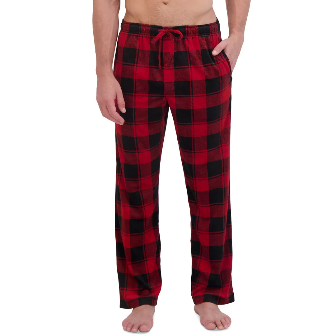 Red and black checkered pajama pants with an elastic waistband and drawstring.
