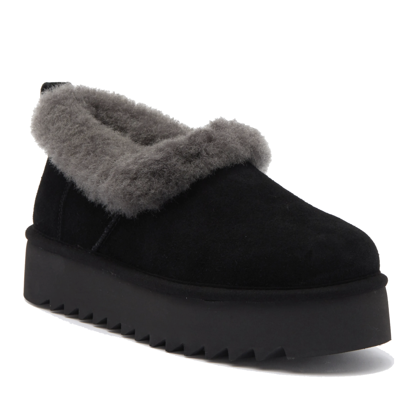 A black suede slip-on shoe featuring a thick, fluffy gray lining and a chunky, ridged platform sole.