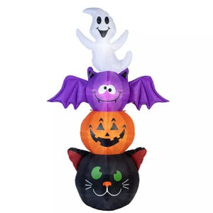 A stackable Halloween inflatable decoration featuring a ghost on top, a purple bat in the middle, an orange jack-o'-lantern below, and a black cat at the base.