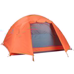 Orange Marmot 3-person tent with a dome shape features a large front entrance and mesh panels for ventilation. It has a compact and sturdy design suitable for camping.