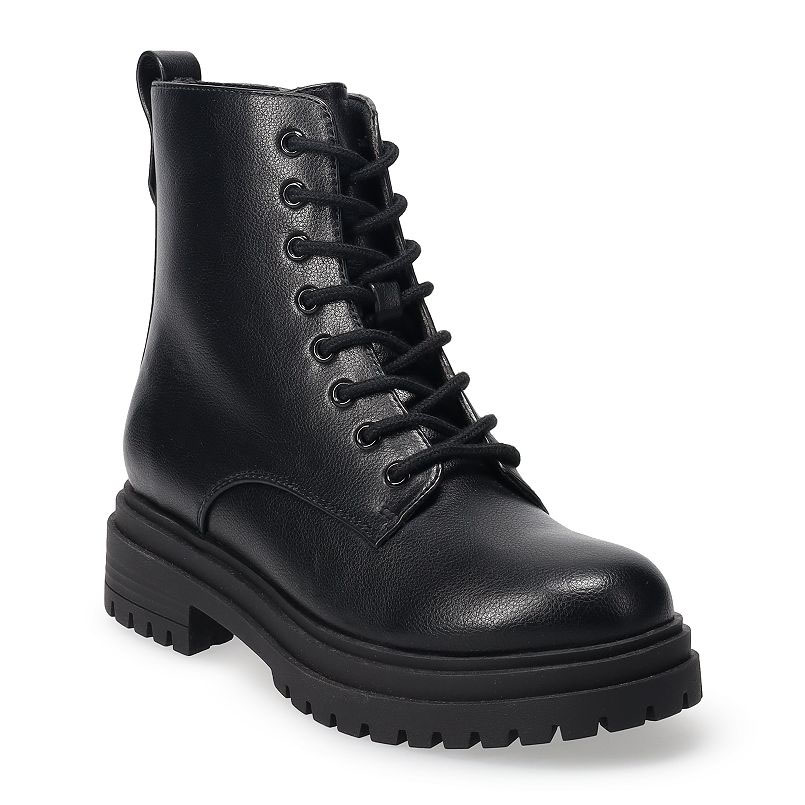Black combat boots with a lace-up front, mid-calf height, a round toe design, and a chunky, ridged sole.