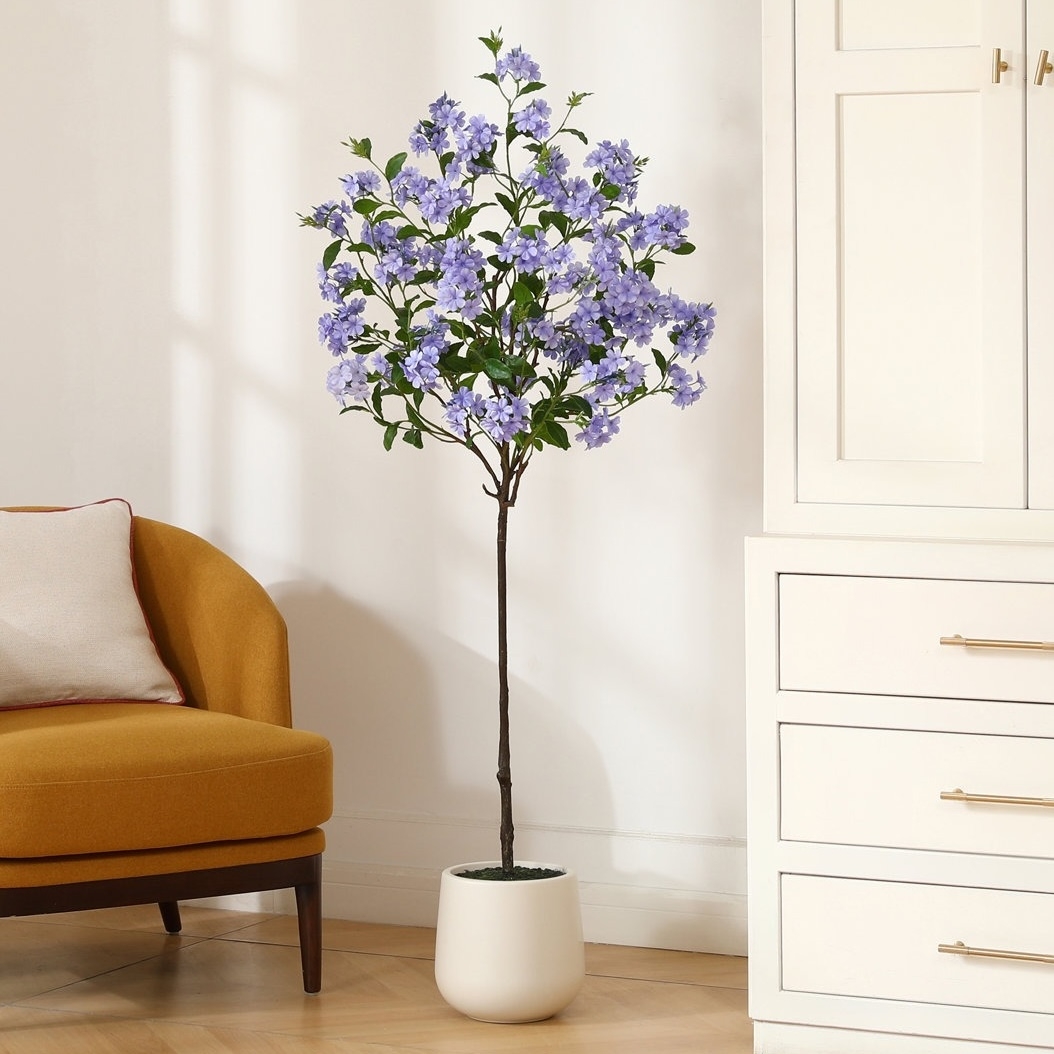A tall potted plant with light purple flowers stands between a mustard-colored chair and a white cabinet in a well-lit room.