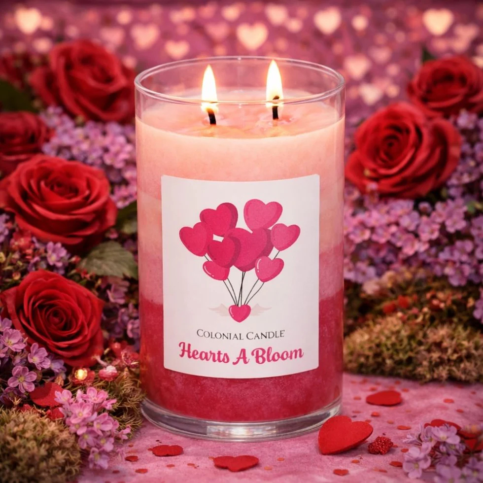 A lit Colonial Candle labeled \“Hearts A Bloom,\“ surrounded by red roses, purple flowers, and heart decorations.
