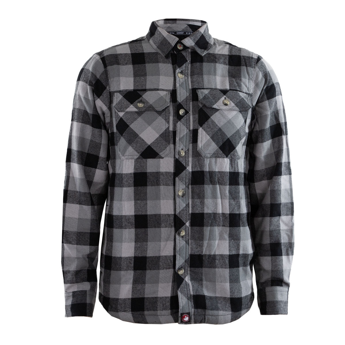 A gray and black plaid Canada Weather Sherpa Flannel, featuring long sleeves, button-up front, and two chest pockets with button flaps.