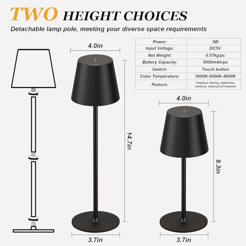 Table lamp with detachable pole offering two heights: 14.7 inches and 9.3 inches. Features include 3W power, 5000mAh battery, touch button switch, and adjustable color temperature from 3000K to 4000K. Diameter of base: 3.7 inches; diameter of shade: 4.0 inches.
