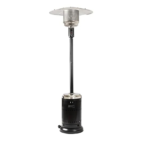 Patio heater with a metal base, an extendable pole, and a heat reflector on top.