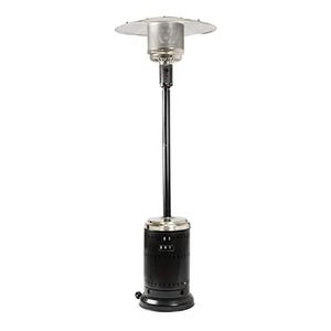 Patio heater with a metal base, an extendable pole, and a heat reflector on top.
