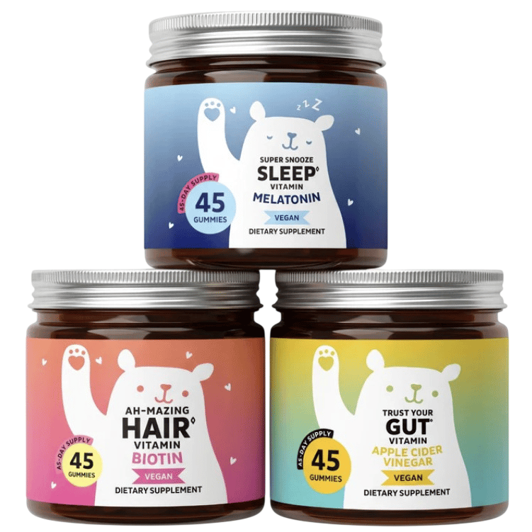 Three jars of vegan dietary supplements: Sleep Vitamin with Melatonin, Hair Vitamin with Biotin, and Gut Vitamin with Apple Cider Vinegar, each containing 45 gummies.