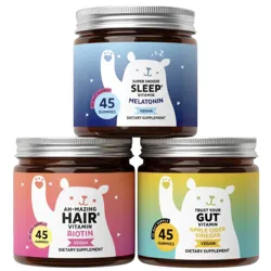 Three jars of vegan dietary supplements: Sleep Vitamin with Melatonin, Hair Vitamin with Biotin, and Gut Vitamin with Apple Cider Vinegar, each containing 45 gummies.