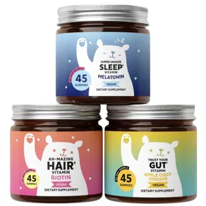 Three jars of vegan dietary supplements: Sleep Vitamin with Melatonin, Hair Vitamin with Biotin, and Gut Vitamin with Apple Cider Vinegar, each containing 45 gummies.