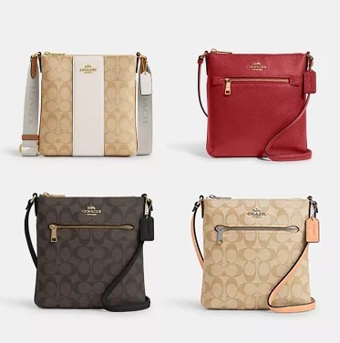 Four crossbody bags in various colors and patterns with brand logos.