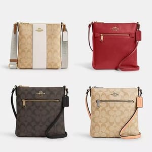 Four crossbody bags in various colors and patterns with brand logos.