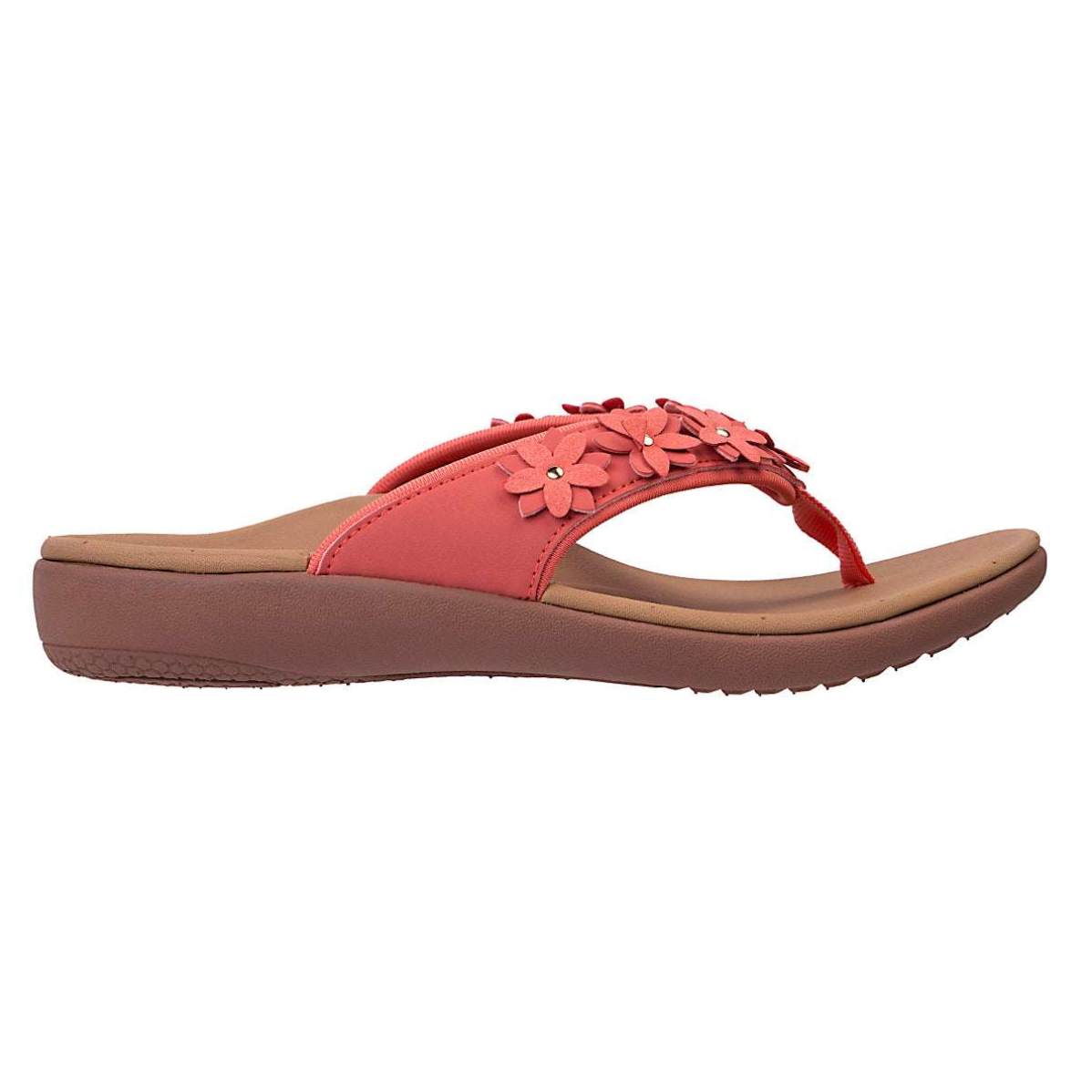 A red flip-flop sandal with a cushioned sole features decorative floral embellishments on the straps.