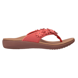 A red flip-flop sandal with a cushioned sole features decorative floral embellishments on the straps.