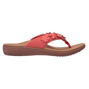 A red flip-flop sandal with a cushioned sole features decorative floral embellishments on the straps.