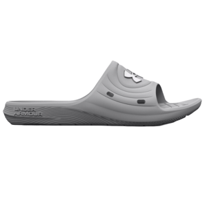 Under Armour Women's Slides in gray featuring the brand logo on the upper strap, a contoured footbed for comfort, and an embossed \“Under Armour\“ logo on the side of the sole.