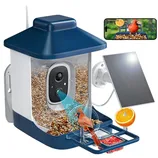 A smart bird feeder with an integrated camera and solar panel, allowing remote viewing of birds via a smartphone app.