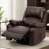 A brown leather reclining armchair with padded armrests and an extendable footrest, set in a cozy living room environment with a side table and decorative elements.