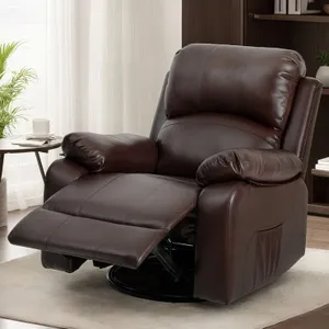 A brown leather reclining armchair with padded armrests and an extendable footrest, set in a cozy living room environment with a side table and decorative elements.