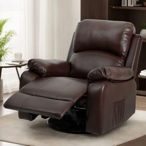 A brown leather reclining armchair with padded armrests and an extendable footrest, set in a cozy living room environment with a side table and decorative elements.