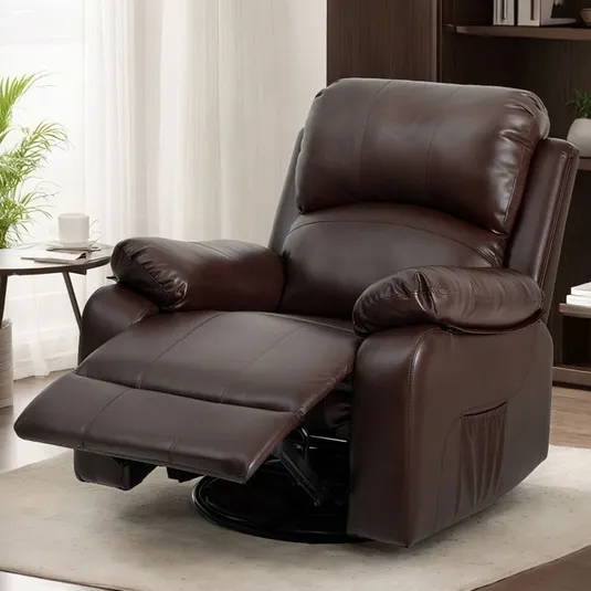 A brown leather reclining armchair with padded armrests and an extendable footrest, set in a cozy living room environment with a side table and decorative elements.