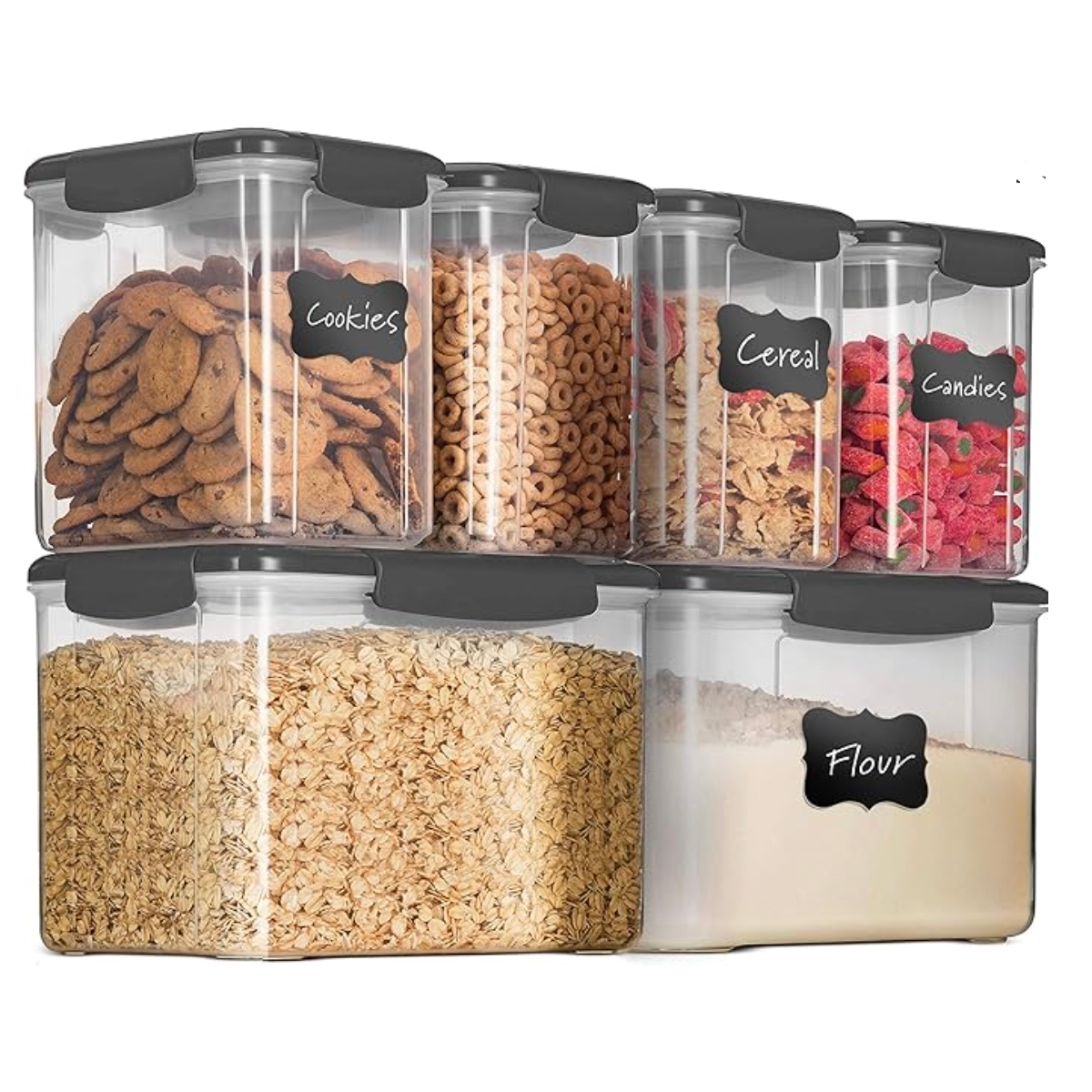 A set of six clear, rectangular food storage containers with black lids and labels indicating contents such as cookies, cereal, candies, and flour.