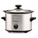 A small Toastmaster slow cooker with a stainless steel exterior, black handles, a glass lid, and a control dial with Low, High, and Off settings.