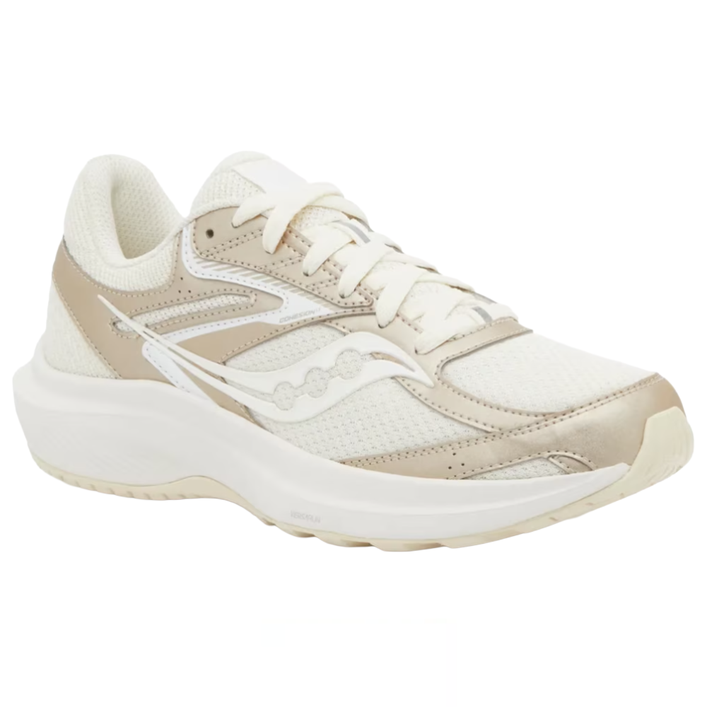 A beige and white athletic shoe with a mesh upper and cushioned sole, featuring a distinctive logo on the side.