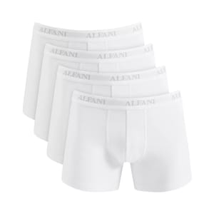A set of four white Alfani boxer briefs with a branded elastic waistband.