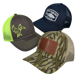 A 3-pack of hats featuring different designs: one with a neon green duck and mesh back, another in navy blue with a \“North Carolina\“ patch, and the third in a camouflage pattern with a leather patch.