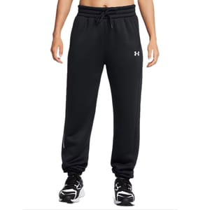 UA Pro Gym Fleece Pants are black, featuring a drawstring waistband, tapered legs, and a small Under Armour logo on the thigh. They're designed for comfort and athletic activity, paired here with black and white sneakers.