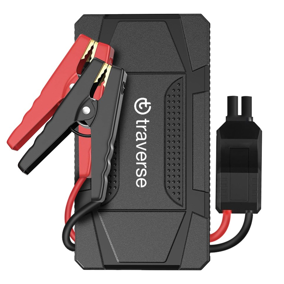 A compact, black power bank jump starter with red and black clamps, and a connector, labeled \“traverse\“ for emergency vehicle battery starting.