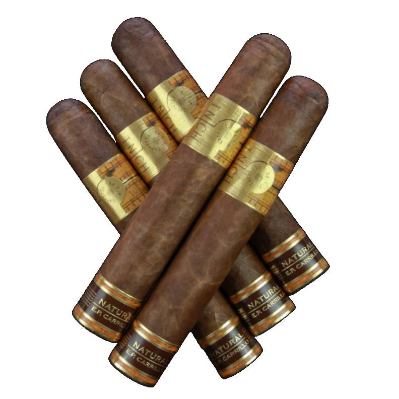 Five E.P. Carrillo cigars are arranged in a star pattern, each with a brown wrapper and golden-brown band near the head.