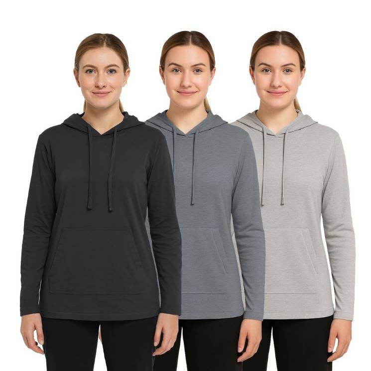 Three women wearing hoodies in black, medium gray, and light gray. Each hoodie features a kangaroo pocket and drawstring hood.