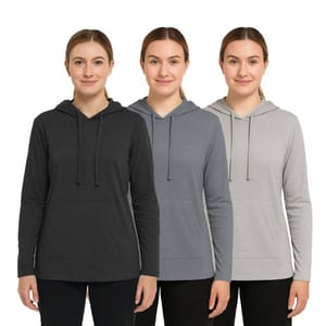 Three women wearing hoodies in black, medium gray, and light gray. Each hoodie features a kangaroo pocket and drawstring hood.
