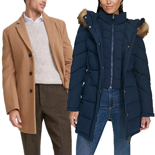 Two individuals modeling winter outerwear: a man wearing a tan overcoat and a woman in a navy blue puffer coat with fur-trimmed hood.
