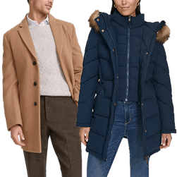 Two individuals modeling winter outerwear: a man wearing a tan overcoat and a woman in a navy blue puffer coat with fur-trimmed hood.