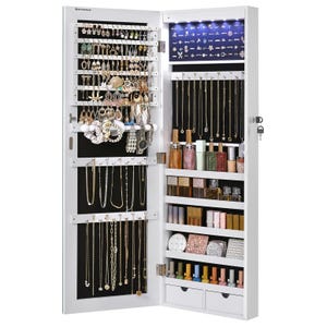 Wall-mounted jewelry cabinet with LED lights, organized with various earrings, necklaces, bracelets, rings, perfumes, cosmetics, and nail polishes. Comes with two drawers and a lock.