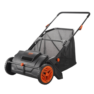 A black and orange manual push lawn sweeper with a mesh grass collector and sturdy wheels.