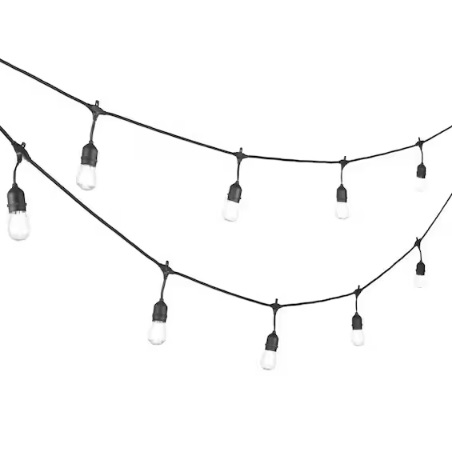 Outdoor string lights with black wiring and bulb sockets, featuring evenly spaced light bulbs ideal for decorative and ambient lighting.