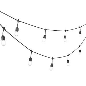 Outdoor string lights with black wiring and bulb sockets, featuring evenly spaced light bulbs ideal for decorative and ambient lighting.