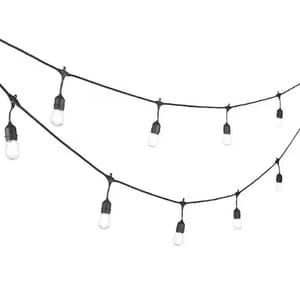 Outdoor string lights with black wiring and bulb sockets, featuring evenly spaced light bulbs ideal for decorative and ambient lighting.