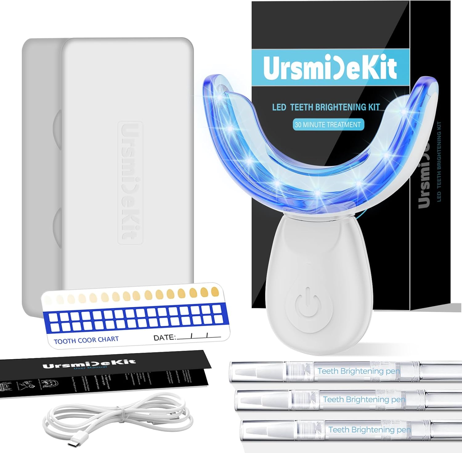 LED teeth whitening kit with a mouth tray, three teeth whitening pens, a USB charging cable, a tooth color chart, and a storage case.