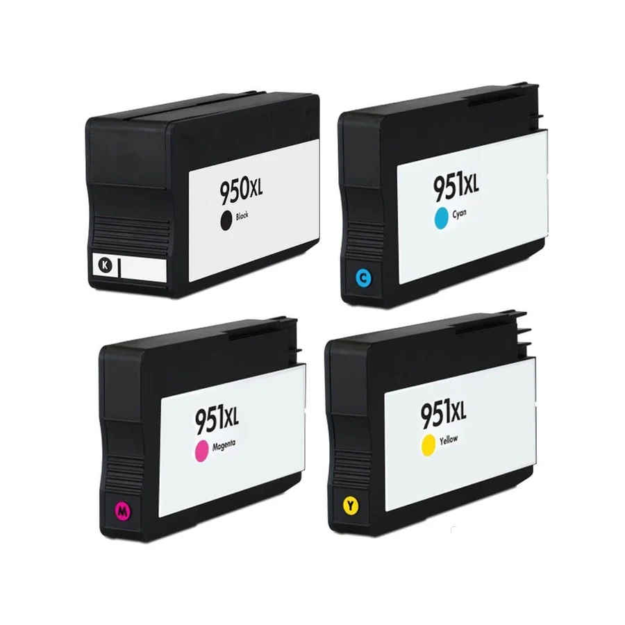Set of four printer ink cartridges: 950XL Black, 951XL Cyan, 951XL Magenta, and 951XL Yellow.