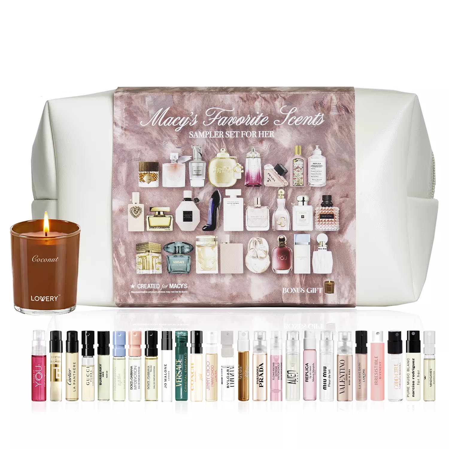 Macy's Favorite Scents Sampler Set for Her includes a variety of fragrance vials and a Lovery coconut candle, all packaged in a white pouch.