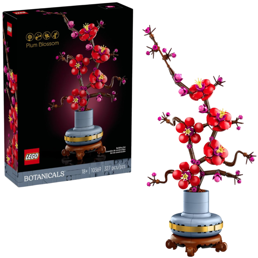 LEGO Botanicals Plum Blossom set, 327 pieces, features a decorative plum blossom tree in a vase designed for adults, model number 10369.
