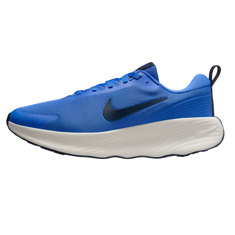 A blue Nike running shoe with a white sole and a black swoosh logo.