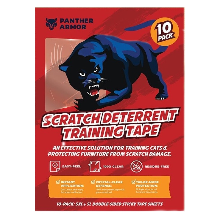 Panther Armor Scratch Deterrent Training Tape is a 10-pack of double-sided sticky tape sheets designed to protect furniture from cat scratches. The tape is easy-peel, 100% clear, residue-free, and offers instant application with tailored protection.