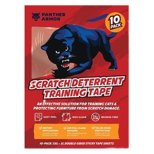 Panther Armor Scratch Deterrent Training Tape is a 10-pack of double-sided sticky tape sheets designed to protect furniture from cat scratches. The tape is easy-peel, 100% clear, residue-free, and offers instant application with tailored protection.